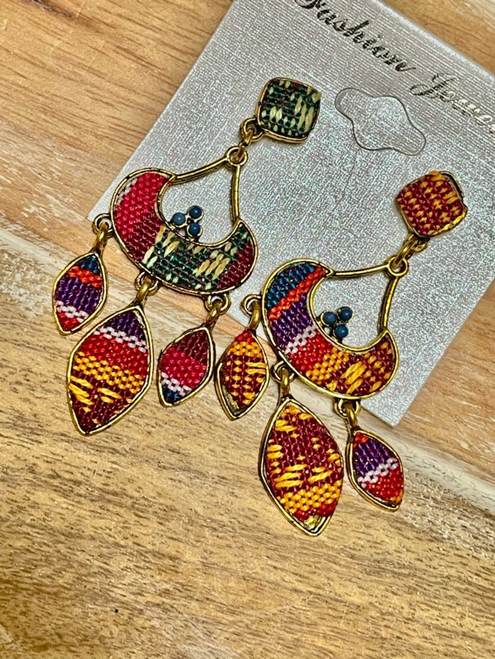 Boho Multicolor Needlepoint Style Drop Earrings - Red, Yellow Gold. Unique!